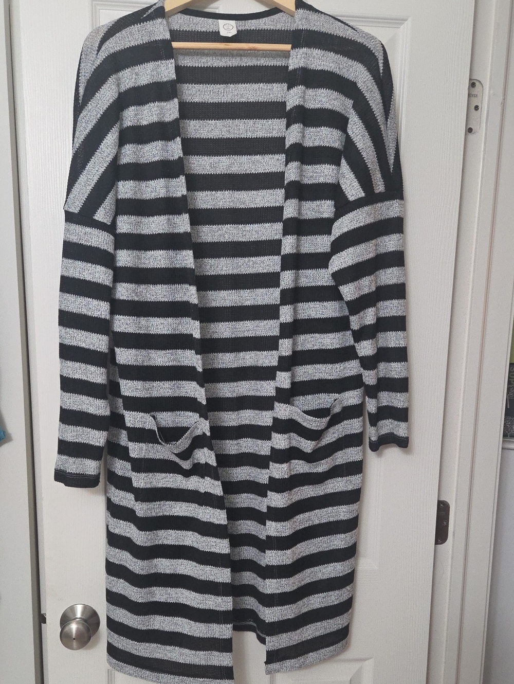 Striped Black and Gray Open-Front Women's Cardigan Sweater